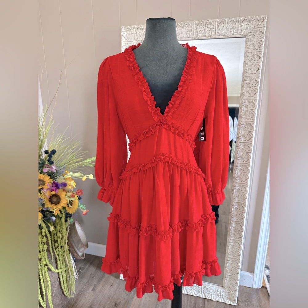 Red Ruffled Tiered Sundress with Bishop Sleeves